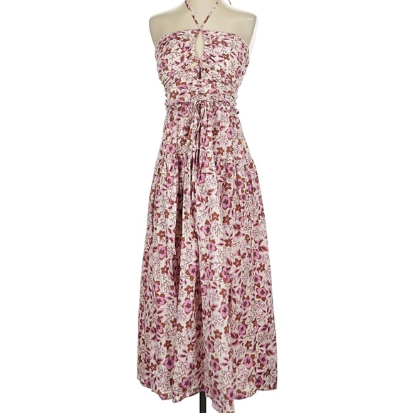 Jason Wu Halter Strapless Floral Smocked Midi Dress Pink Brown Size Small - Picture 1 of 5